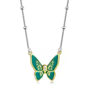Colier argint 925 – fluture cu aripi verzi, corp zircon, mărgele netede imagine
