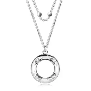 Colier din argint 925 – lanț dublu, diamante, inel cu decupaj, mărgele imagine