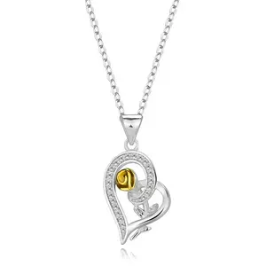 Colier din argint 925 – conturul inimii cu zirconii, trandafir cu cap auriu imagine