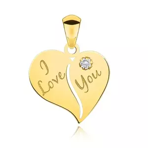 Pandantiv din aur galben de 9K - inimă cu decupaj, zirconiu, inscripția I Love You imagine