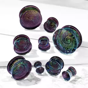 Plug de ureche din sticlă - mov, motiv galaxie, spirală cu sclipici colorat - Diametru piercing: 10 mm imagine