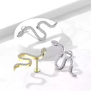 Piercing labret din oțel cu șurub - motiv șarpe, zirconii rotunde, 8 mm - Culoare zirconiu piercing: Argintiu – curcubeu imagine