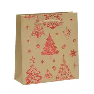 Plasă cadou din hârtie - maro - roșu, motiv de Crăciun, șnur imagine