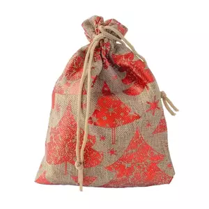 Plasă cadou din material textil - copaci și fulgi de zăpadă, culoare maro - roșu imagine