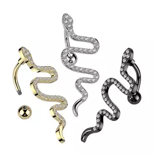 Piercing din oțel pentru buric - șarpe târâtor, zirconii transparente, PVD - Culoare: Argintiu imagine