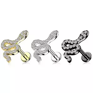 Piercing din oțel - șarpe ondulat cu zirconii transparente, filet interior, 6 mm - Culoare: Argintiu imagine