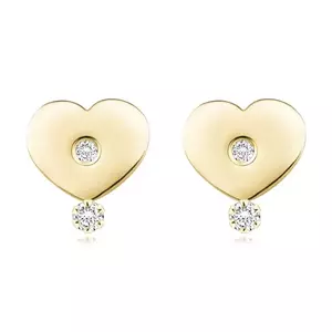 Cercei din aur galben 585 - inimă lucioasă, diamante transparente, știfturi imagine