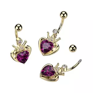 Piercing din oțel pentru buric - inimă cu cristal roz și coroană imagine
