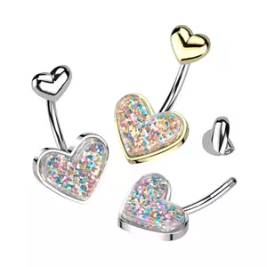 Piercing din oțel pentru buric - inimă cu sclipici colorat - Culoare: Argintiu imagine
