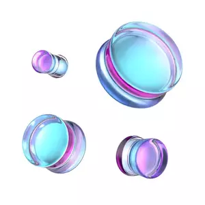 Plug de ureche din sticlă, tip șa - culoare violet-albastru cu reflexe curcubeu - Diametru piercing: 10 mm imagine