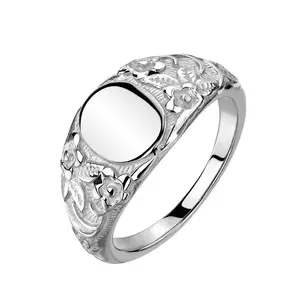 Inel din oțel 316L - oval strălucitor, flori gravate, culoare argintie - Marime inel: 52 imagine