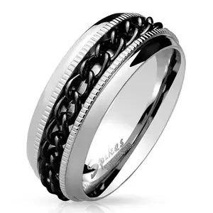 Inel din oțel inoxidabil - lanț negru, creste, culoare argintie - Marime inel: 55 imagine