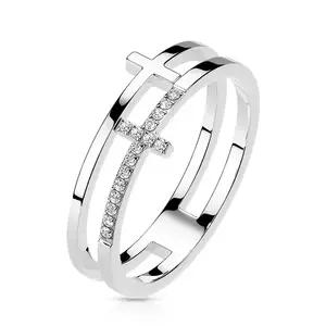 Inel din oțel inoxidabil - cruce netedă și din zirconiu, culoare argintie - Marime inel: 49 imagine
