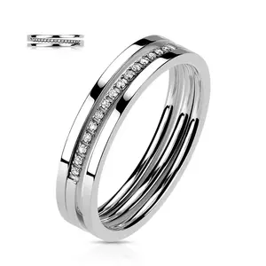 Inel din oțel inoxidabil - linie triplă, zirconii transparente, culoare argintie - Marime inel: 49 imagine