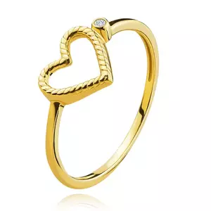 Inel din aur galben 585 - inimă canelată, zircon rotund - Marime inel: 49 imagine