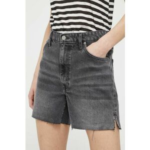 Superdry pantaloni scurti jeans femei, culoarea gri, neted, high waist imagine