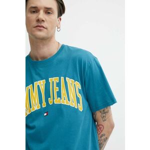 Tommy Jeans tricou din bumbac bărbați, culoarea turcoaz, cu imprimeu, DM0DM18558 imagine
