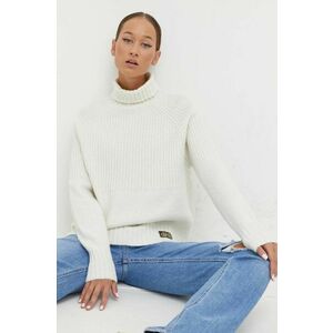 Superdry pulover din amestec de lana femei, culoarea alb, cu guler imagine