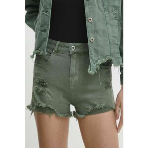 Answear Lab pantaloni scurti jeans femei, culoarea verde, neted, high waist imagine