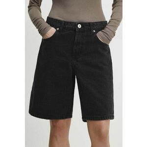 Answear Lab pantaloni scurti jeans femei, culoarea negru, neted, high waist imagine