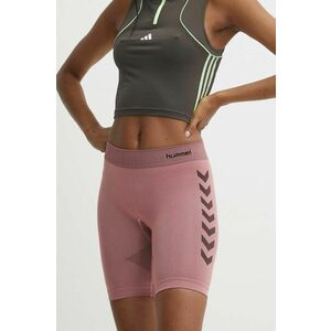 Hummel pantaloni scurți de antrenament First Seamless culoarea roz, cu imprimeu, high waist, 212556 imagine