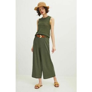 Medicine pantaloni din in femei, culoarea verde, fason culottes, high waist imagine