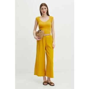 Medicine pantaloni din in femei, culoarea galben, fason culottes, high waist imagine