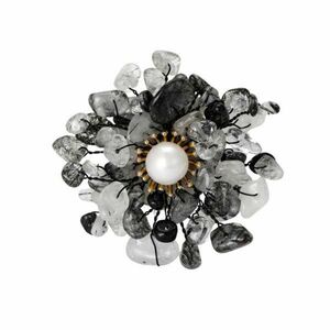 Brosa Tamia, neagra, cu forma florala, decorata cu cristale naturale si perla imagine