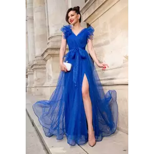 Rochie de seara lunga albastru royal Nemesis cu glitter si flori 3D pe umeri imagine
