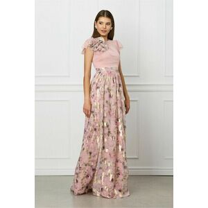 Rochie DY Fashion lunga roz cu imprimeu floral pe fusta si floare maxi la umar imagine