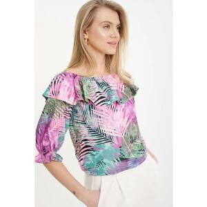 Bluza cu imprimeu tropical si volane imagine