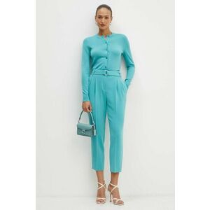 BOSS pantaloni femei, culoarea turcoaz, drept, high waist imagine