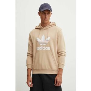 adidas Originals hanorac de bumbac barbati, culoarea bej, cu glugă, cu imprimeu imagine