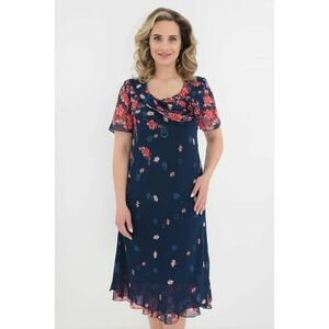 Rochie eleganta din voal bleumarin cu imprimeu floral rosu imagine