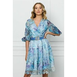 Rochie Doina bleu cu imprimeuri florale si curea in talie imagine