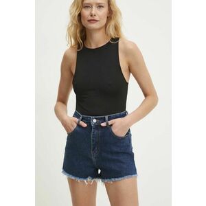 Answear Lab pantaloni scurti jeans femei, culoarea albastru marin, neted, high waist imagine