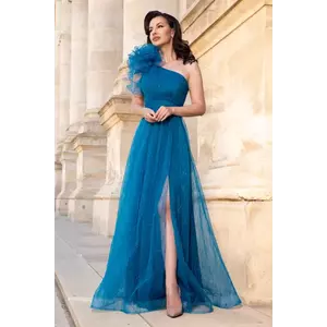 Rochie de seara lunga turquoise Clio din tulle brodat cu floare 3D pe umar imagine