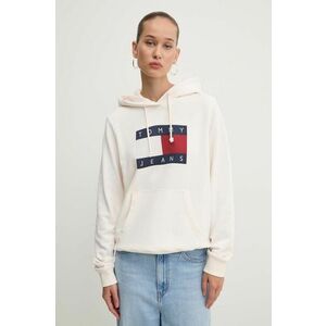 Tommy Jeans hanorac de bumbac femei, culoarea bej, cu glugă, cu imprimeu, DW0DW18654 imagine