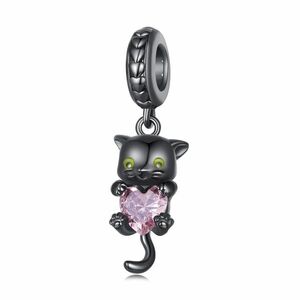 Talisman din argint Pink Hearted Black Kitty imagine