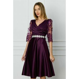 Rochie Ella Collection Adria mov cu dantela si paiete si cordon in talie imagine