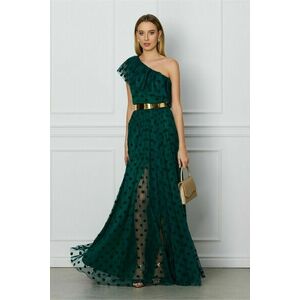 Rochie DY Fashion verde lunga din tull cu buline catifelate si curea in talie imagine