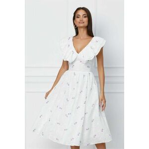 Rochie DY Fashion alba din ghipura cu flori lila si volane la bust imagine