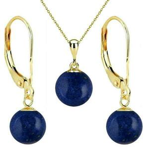 Set Aur 14 karate, Colier cu Pandantiv si Cercei cu Tortita Inchisa cu Pietre Semipretioase Naturale de Lapis Lazuli de 8 mm, Kaskadda imagine