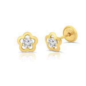 Cercei din aur 14K pentru copii Flower Outline and Big Crystal imagine