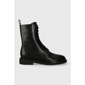 Tory Burch cizme de piele DOUBLE T COMBAT BOOT femei, culoarea negru, cu toc plat, 154336-006 imagine