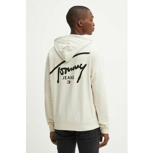 Tommy Jeans hanorac de bumbac barbati, culoarea bej, cu glugă, cu imprimeu, DM0DM19229 imagine