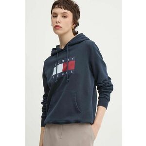 Tommy Jeans hanorac de bumbac femei, culoarea albastru marin, cu glugă, cu imprimeu, DW0DW18654 imagine