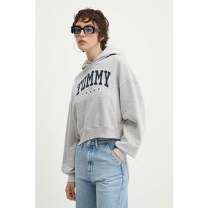 Tommy Jeans hanorac de bumbac femei, culoarea gri, cu glugă, cu imprimeu imagine