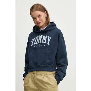 Tommy Jeans hanorac de bumbac femei, culoarea albastru marin, cu glugă, cu imprimeu, DW0DW19291 imagine