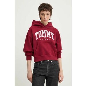 Tommy Jeans hanorac de bumbac femei, culoarea bordo, cu glugă, cu imprimeu, DW0DW19291 imagine